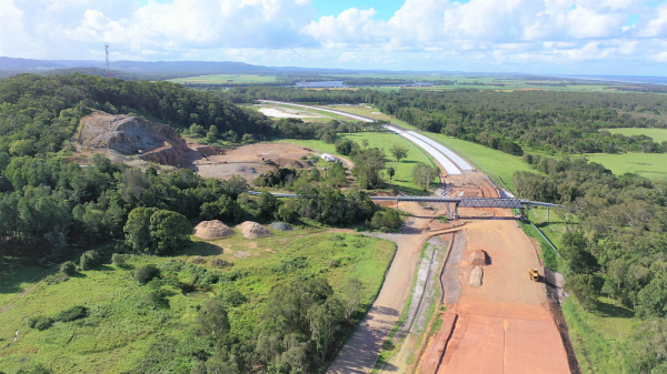 Aerial view of highway construction and paving in place 