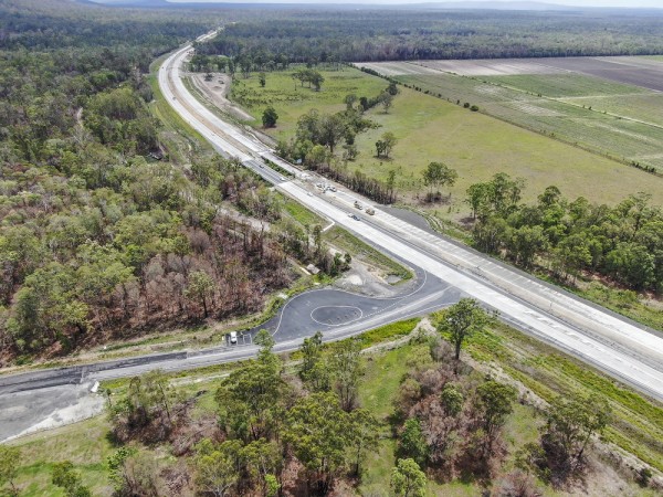 Aerial image of highway with farm land on either side of road